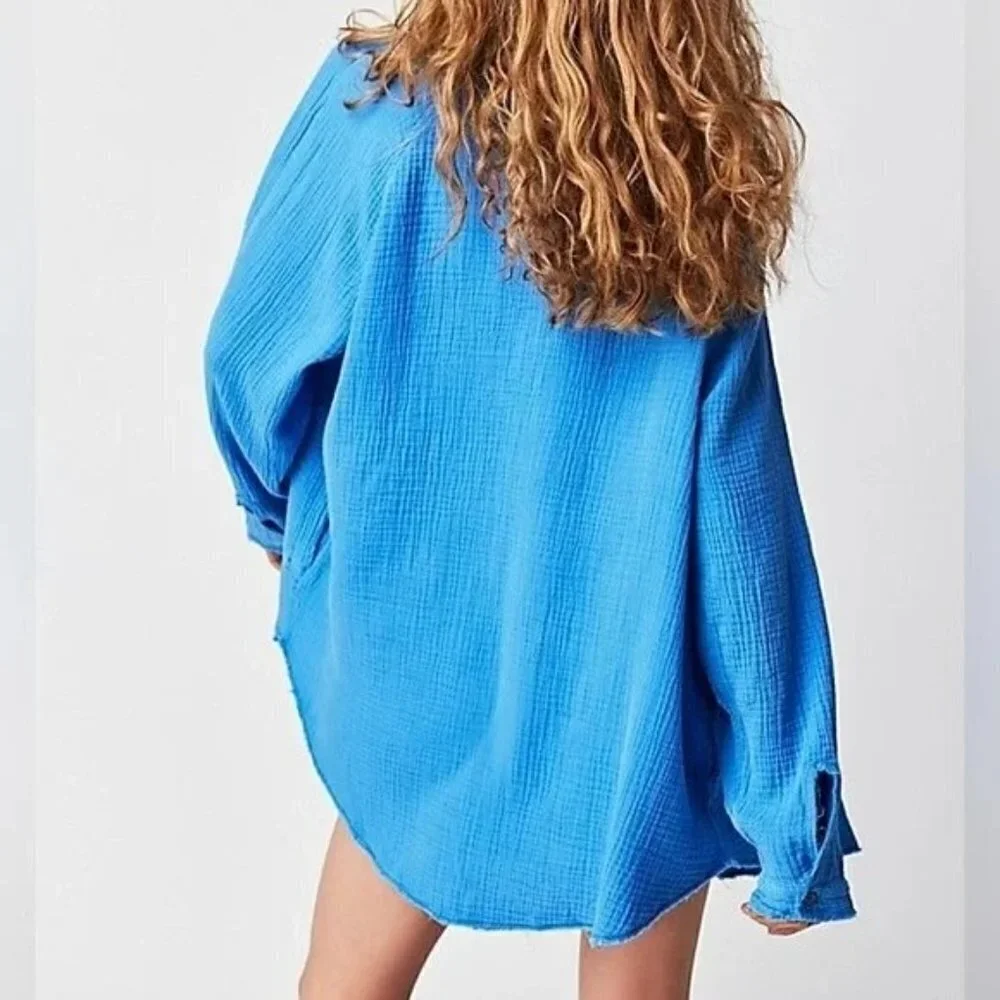 FREE PEOPLE We the Free Summer Daydream Button Down Shirt Blue Size S NEW $108
